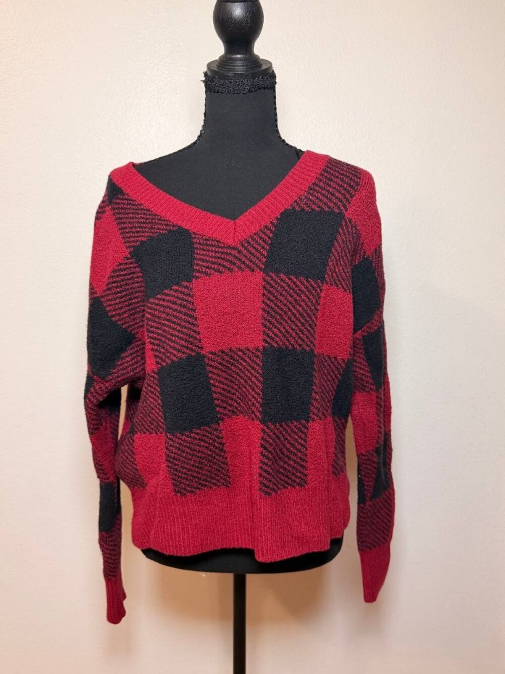 William Rast Red & Black Buffalo Plaid V-Neck Sweater Cozy Cabin Style